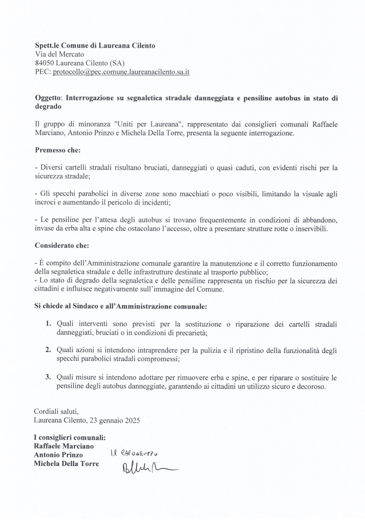 Interrogazione su segnaletica stradale danneggiata_250125_133023